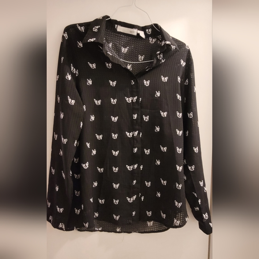 Kersh Brand, sheer blouse, pug dog print, Size l, Preloved